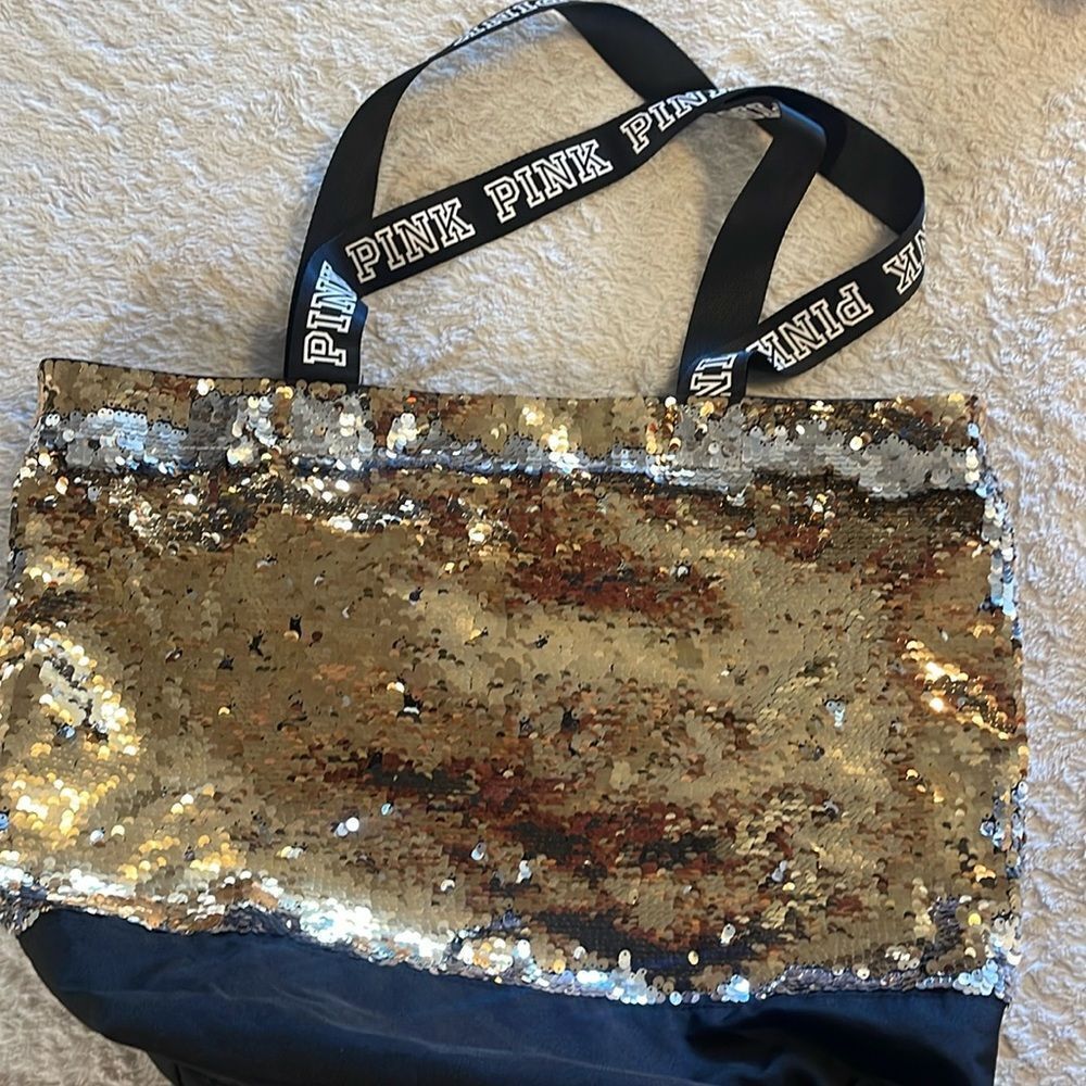 PINK Victoria's Secret Gold Sequin Tote with Black Logo Handles